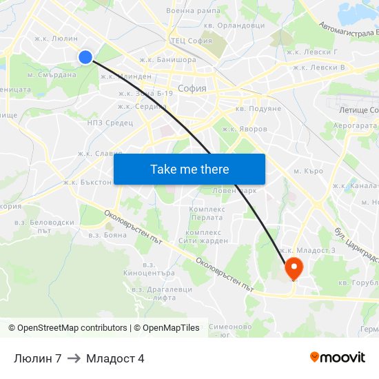 Люлин 7 to Младост 4 map