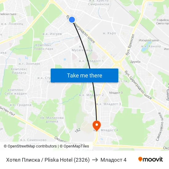 Хотел Плиска / Pliska Hotel (2326) to Младост 4 map