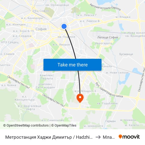 Метростанция Хаджи Димитър / Hadzhi Dimitar Metro Station (0303) to Младост 4 map