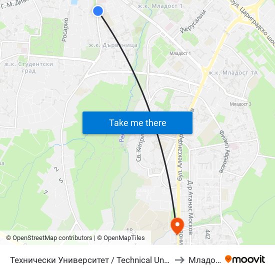 Технически Университет / Technical University (1743) to Младост 4 map