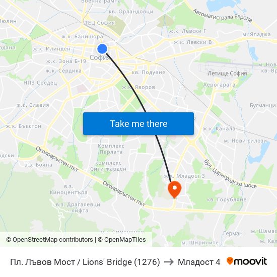 Пл. Лъвов Мост / Lions' Bridge (1276) to Младост 4 map