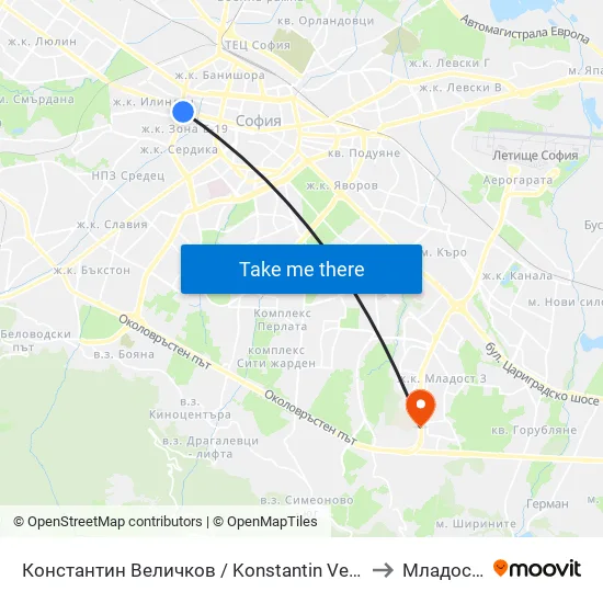 Константин Величков / Konstantin Velichkov to Младост 4 map