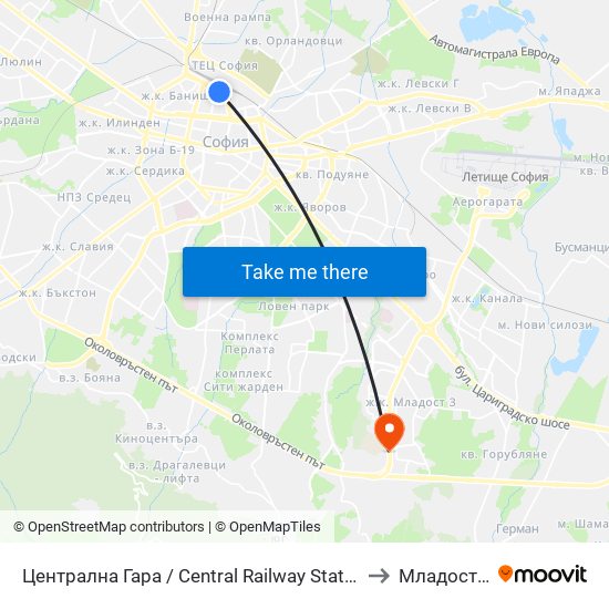 Централна Гара / Central Railway Station to Младост 4 map