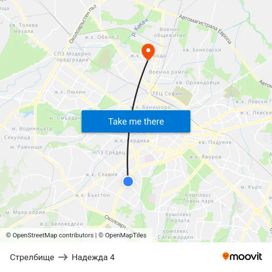 Стрелбище to Надежда 4 map