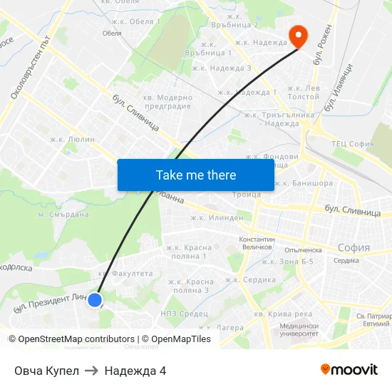 Овча Купел to Надежда 4 map