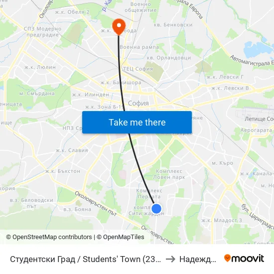 Студентски Град / Students' Town (2382) to Надежда 4 map