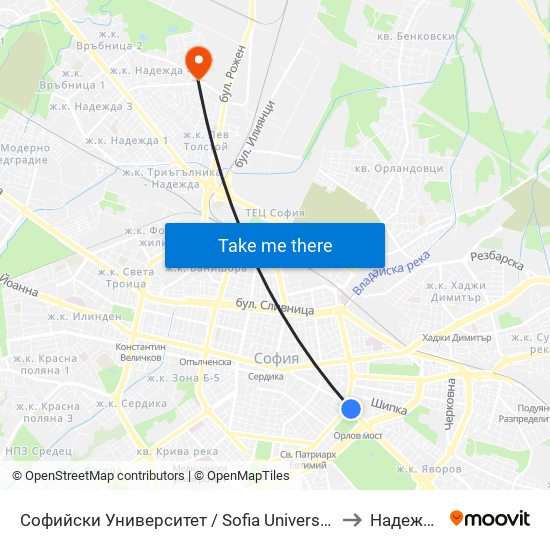 Софийски Университет / Sofia University (1700) to Надежда 4 map