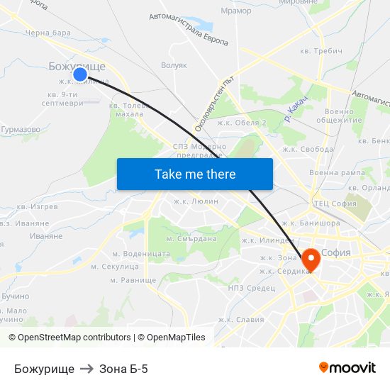 Божурище to Зона Б-5 map