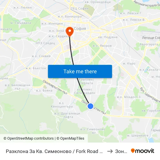 Разклона За Кв. Симеоново / Fork Road To Simeonovo Qr. (1459) to Зона Б-5 map