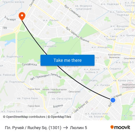 Пл. Ручей / Ruchey Sq. (1301) to Люлин 5 map