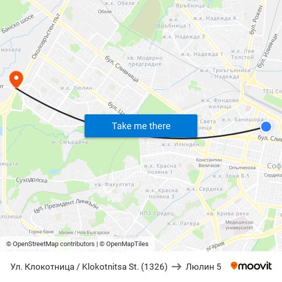 Ул. Клокотница / Klokotnitsa St. (1326) to Люлин 5 map