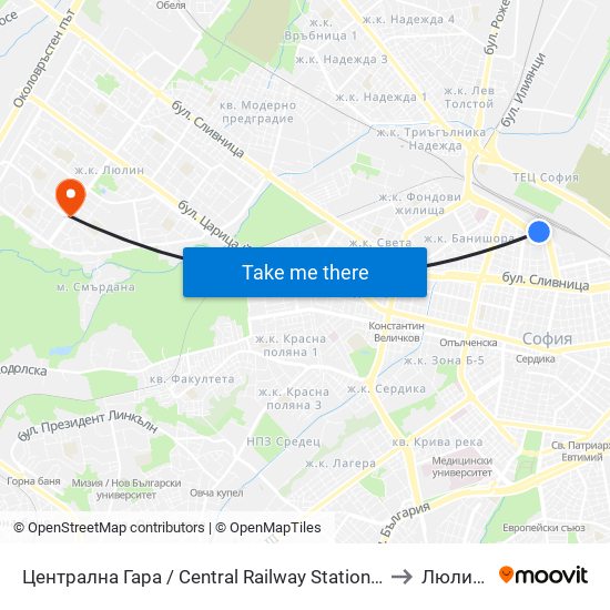 Централна Гара / Central Railway Station (1327) to Люлин 6 map