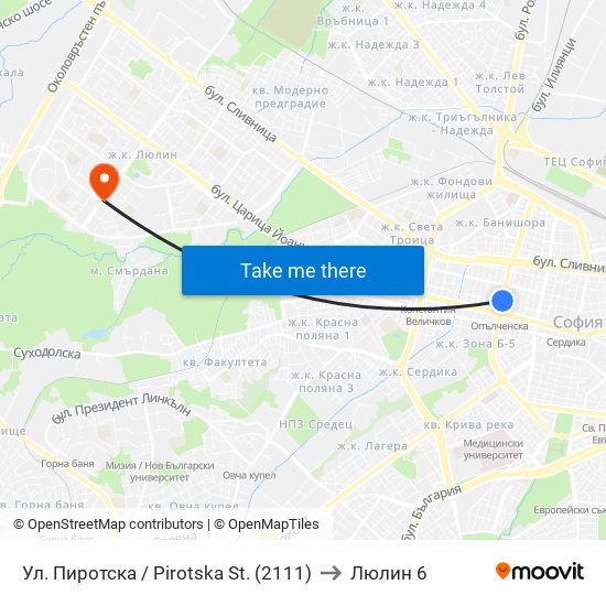 Ул. Пиротска / Pirotska St. (2111) to Люлин 6 map