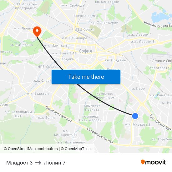 Младост 3 to Люлин 7 map