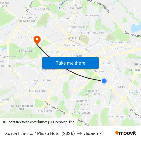 Хотел Плиска / Pliska Hotel (2326) to Люлин 7 map
