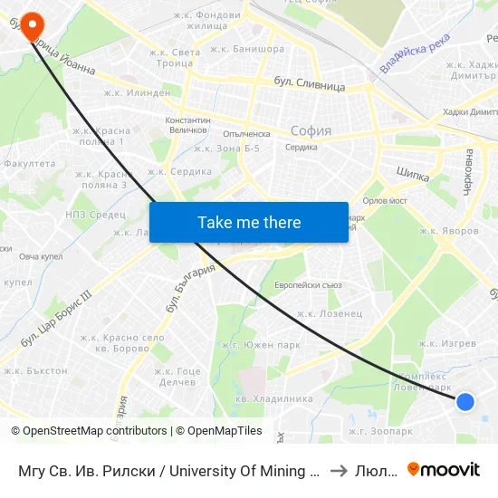🎓 Минно-Геоложки Университет / University Of Mining And Geology (1033) to Люлин 7 map