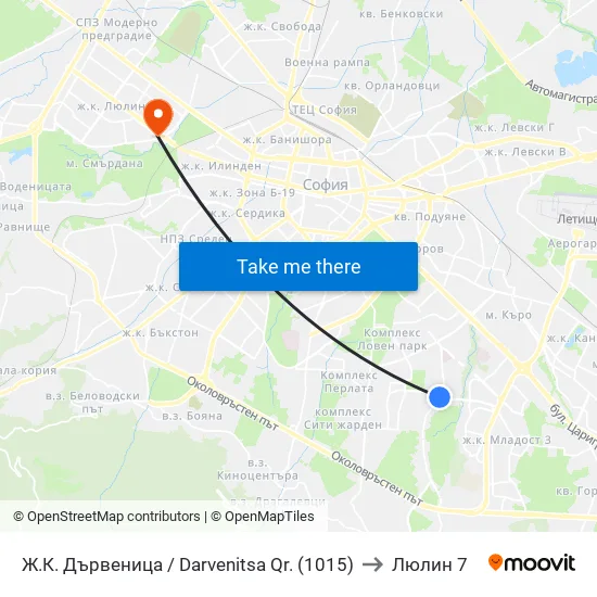 Ж.К. Дървеница / Darvenitsa Qr. (1015) to Люлин 7 map