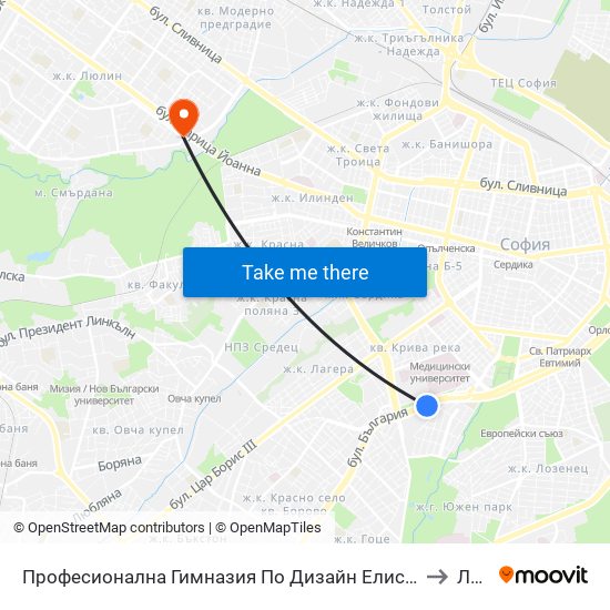 Професионална Гимназия По Дизайн Елисавета Вазова / Elisaveta Vazova High School Of Design (1736) to Люлин 7 map