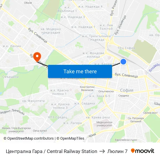 Централна Гара / Central Railway Station to Люлин 7 map