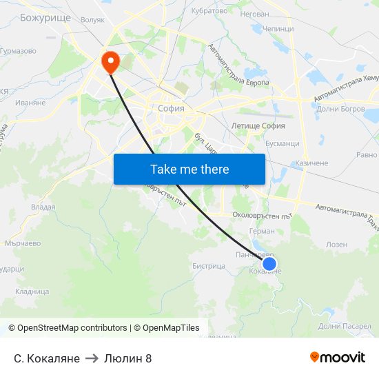 С. Кокаляне to Люлин 8 map