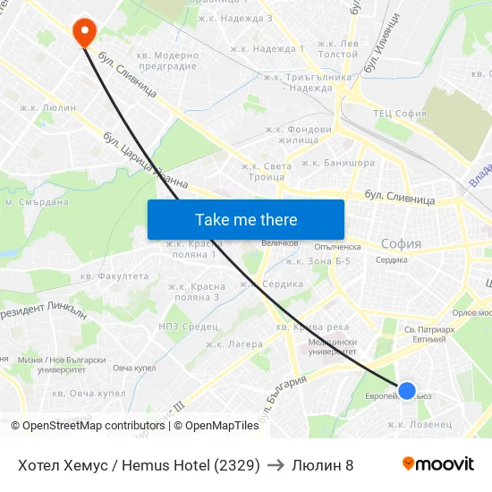 Ⓜ️ Хотел Хемус / Hemus Hotel (2329) to Люлин 8 map