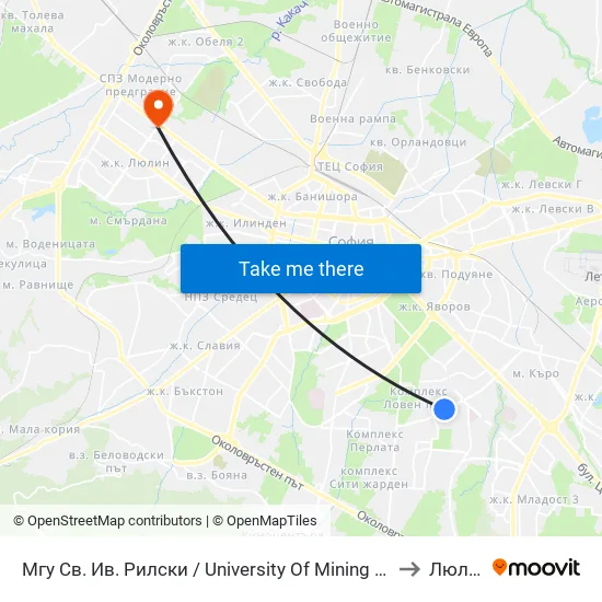 🎓 Минно-Геоложки Университет / University Of Mining And Geology (1033) to Люлин 8 map