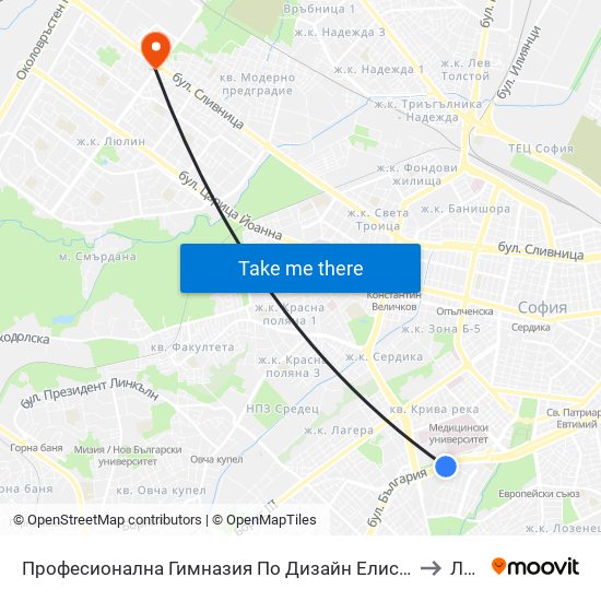 Професионална Гимназия По Дизайн Елисавета Вазова / Elisaveta Vazova High School Of Design (1736) to Люлин 8 map