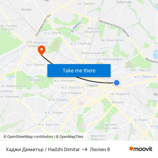 Хаджи Димитър / Hadzhi Dimitar to Люлин 8 map