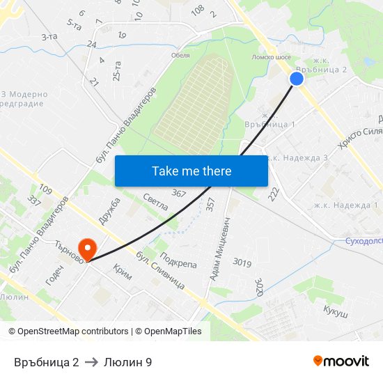 Връбница 2 to Люлин 9 map