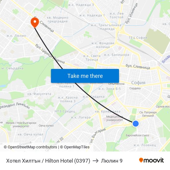 Хотел Хилтън / Hilton Hotel (0397) to Люлин 9 map