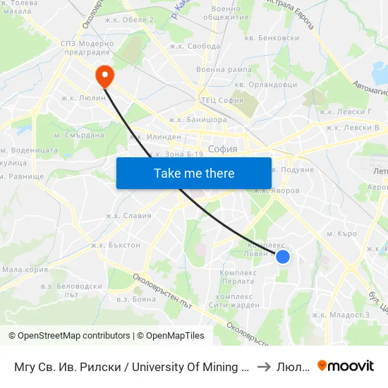 🎓 Минно-Геоложки Университет / University Of Mining And Geology (1033) to Люлин 9 map