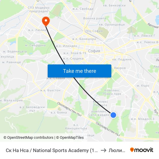 Ск На Нса / National Sports Academy (1609) to Люлин 9 map