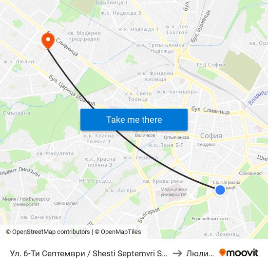 Ул. 6-Ти Септември / Shesti Septemvri St. (1808) to Люлин 9 map