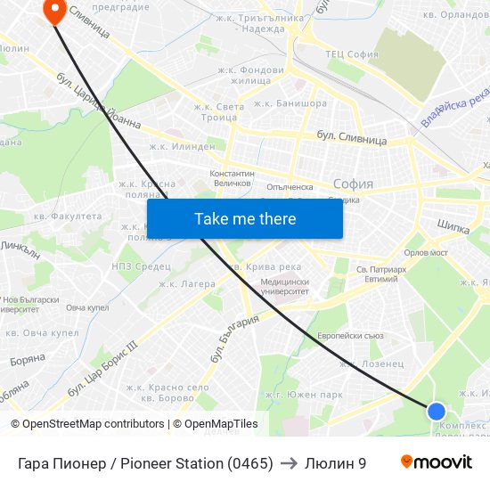 Гара Пионер / Pioneer Station (0465) to Люлин 9 map
