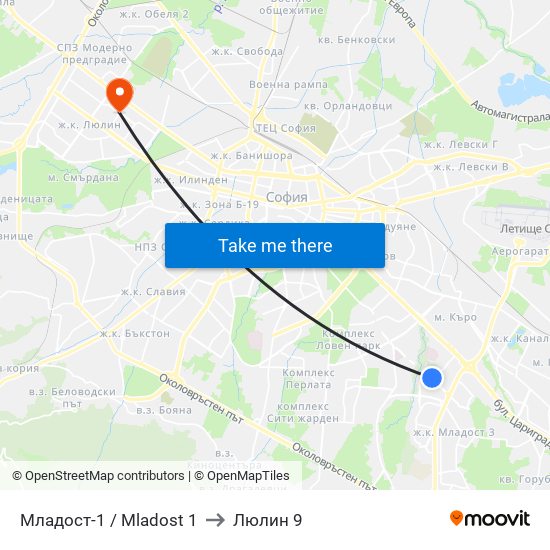 Младост-1 / Mladost 1 to Люлин 9 map