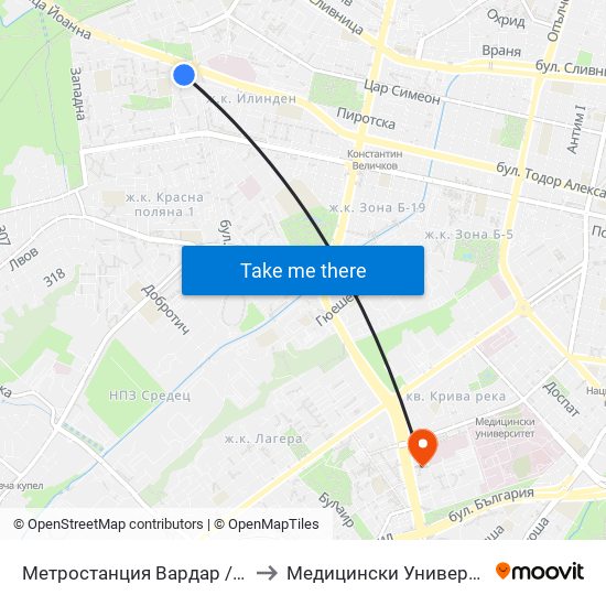 Метростанция Вардар / Vardar Metro Station (1046) to Медицински Университет - София (Ректорат) map