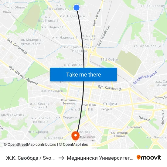Ж.К. Свобода / Svoboda Qr. (0686) to Медицински Университет - София (Ректорат) map