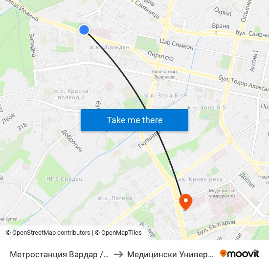 Метростанция Вардар / Vardar Metro Station (1047) to Медицински Университет - София (Ректорат) map
