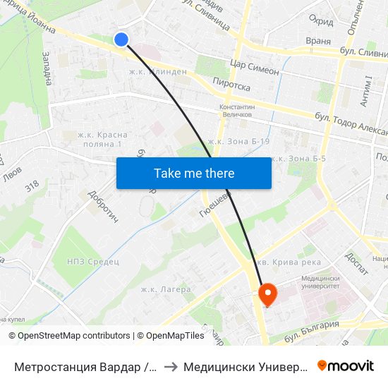 Метростанция Вардар / Vardar Metro Station (1044) to Медицински Университет - София (Ректорат) map
