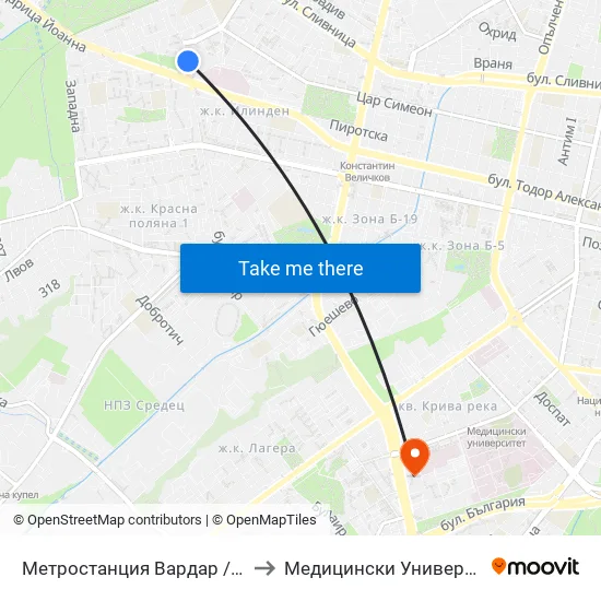 Ⓜ️ Метростанция Вардар / Vardar Metro Station (1044) to Медицински Университет - София (Ректорат) map