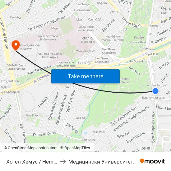 Ⓜ️ Хотел Хемус / Hemus Hotel (2330) to Медицински Университет - София (Ректорат) map