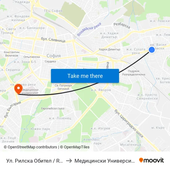 Ул. Рилска Обител / Rilska Obitel St. (2159) to Медицински Университет - София (Ректорат) map