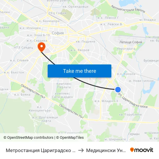 Ⓜ️ Метростанция Цариградско Шосе / Tsarigradsko Shosse Metro Station (1016) to Медицински Университет - София (Ректорат) map