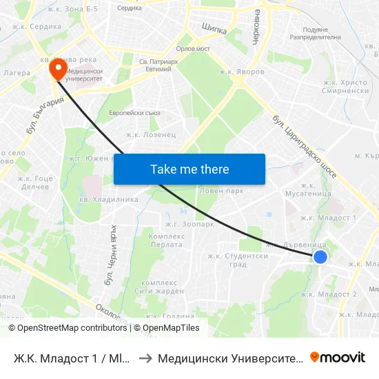 Ж.К. Младост 1 / Mladost 1 Qr. (0661) to Медицински Университет - София (Ректорат) map