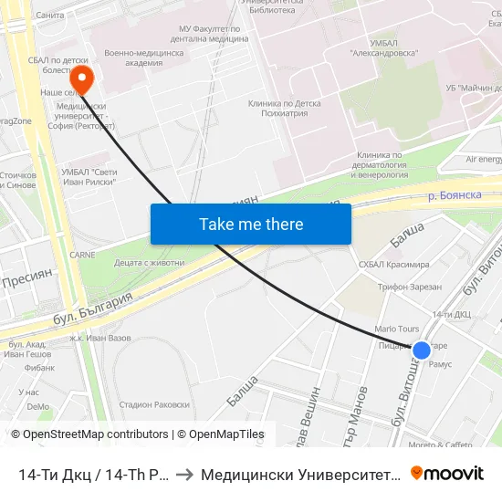 14-Ти Дкц / 14-Th Polyclinic (0011) to Медицински Университет - София (Ректорат) map