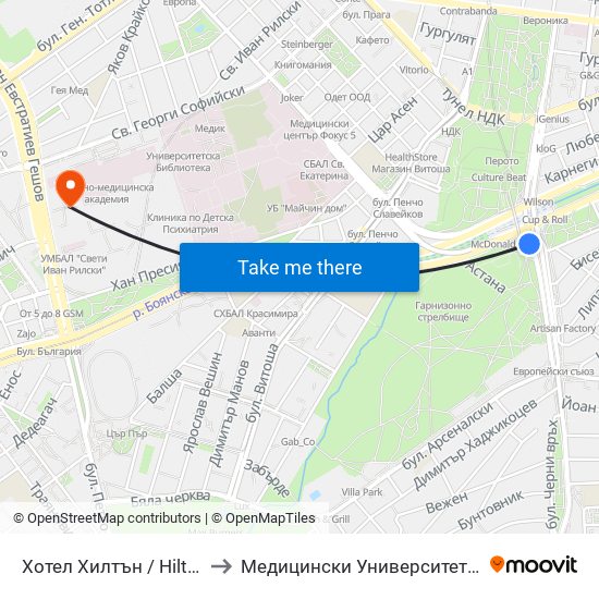 Хотел Хилтън / Hilton Hotel (0397) to Медицински Университет - София (Ректорат) map