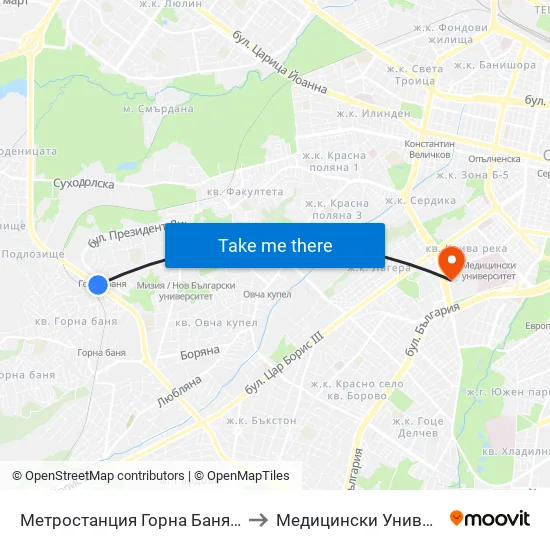 Ⓜ️ Метростанция Горна Баня / Gorna Banya Metro Station (0685) to Медицински Университет - София (Ректорат) map
