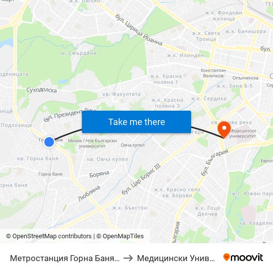 Метростанция Горна Баня / Gorna Banya Metro Station (0683) to Медицински Университет - София (Ректорат) map