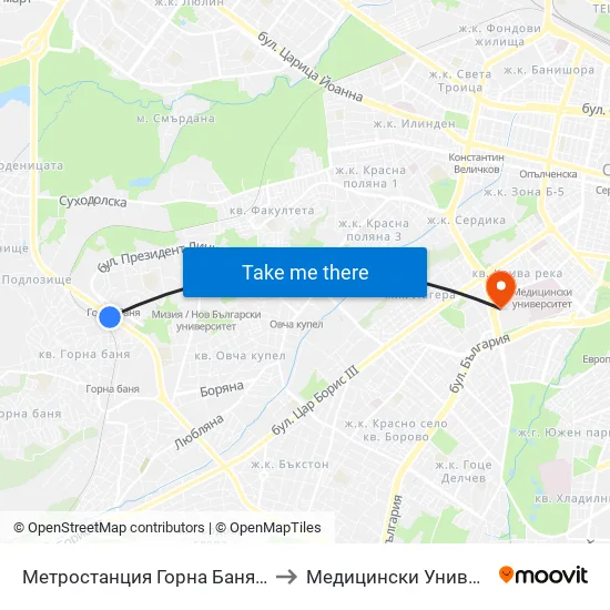 Ⓜ️ Метростанция Горна Баня / Gorna Banya Metro Station (0683) to Медицински Университет - София (Ректорат) map