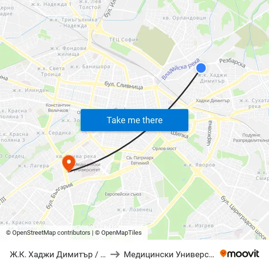 Ж.К. Хаджи Димитър / Hadzhi Dimitar Sq. (0692) to Медицински Университет - София (Ректорат) map